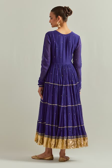 Shop Ikshita Choudhary Blue Chanderi, Organza Zari, Embroidery V-neck Anarkali Set With Dupatta at Aza Fashions Shop_Ikshita Choudhary_Blue Chanderi, Organza Zari, Embroidery V-neck Anarkali Set With Dupatta _at_Aza_Fashions