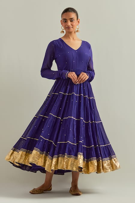Shop Ikshita Choudhary Blue Chanderi, Organza Zari, Embroidery V-neck Anarkali Set With Dupatta Online at Aza Fashions Shop_Ikshita Choudhary_Blue Chanderi, Organza Zari, Embroidery V-neck Anarkali Set With Dupatta _Online_at_Aza_Fashions