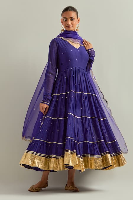 Ikshita Choudhary Blue Chanderi, Organza Zari, Embroidery V-neck Anarkali Set With Dupatta 
