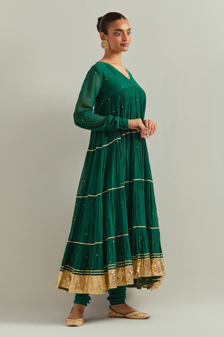 Ikshita Choudhary Green Chanderi, Organza Embroidery V-neck Anarkali Set Online at Aza Fashions Ikshita Choudhary_Green Chanderi, Organza Embroidery V-neck Anarkali Set _Online_at_Aza_Fashions