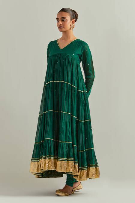 Buy Ikshita Choudhary Green Chanderi, Organza Embroidery V-neck Anarkali Set Online at Aza Fashions Buy_Ikshita Choudhary_Green Chanderi, Organza Embroidery V-neck Anarkali Set _Online_at_Aza_Fashions