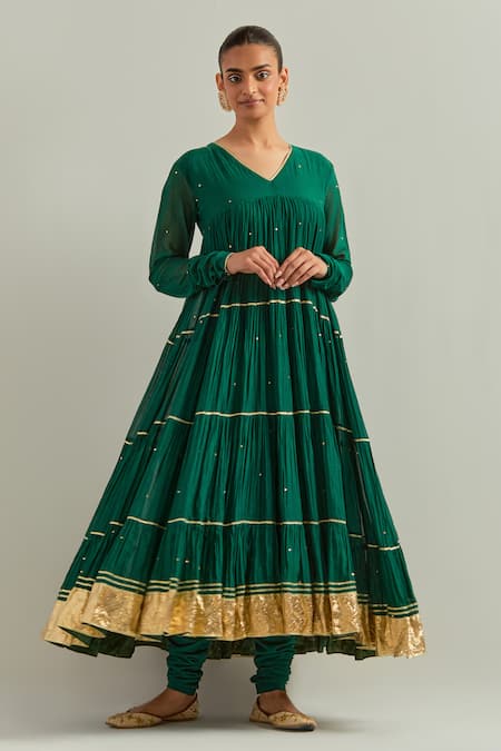 Shop Ikshita Choudhary Green Chanderi, Organza Embroidery V-neck Anarkali Set Online at Aza Fashions Shop_Ikshita Choudhary_Green Chanderi, Organza Embroidery V-neck Anarkali Set _Online_at_Aza_Fashions