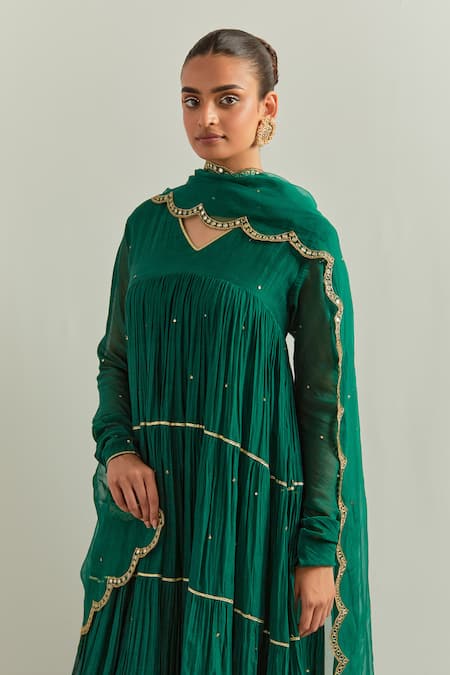 Ikshita Choudhary Green Chanderi, Organza Embroidery V-neck Anarkali Set at Aza Fashions Ikshita Choudhary_Green Chanderi, Organza Embroidery V-neck Anarkali Set _at_Aza_Fashions