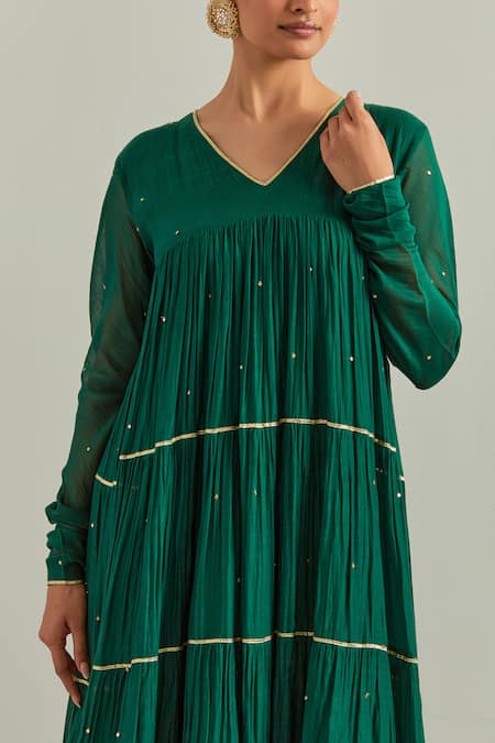 Buy Ikshita Choudhary Green Chanderi, Organza Embroidery V-neck Anarkali Set Buy_Ikshita Choudhary_Green Chanderi, Organza Embroidery V-neck Anarkali Set