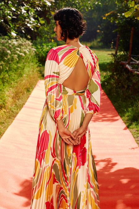 Zwaan_Beige Satin V-neck Gigi Printed Maxi Dress _Online_at_Aza_Fashions