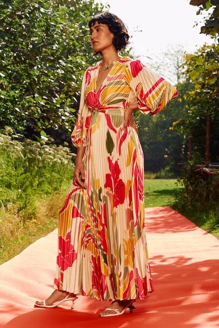 Buy_Zwaan_Beige Satin V-neck Gigi Printed Maxi Dress _Online_at_Aza_Fashions