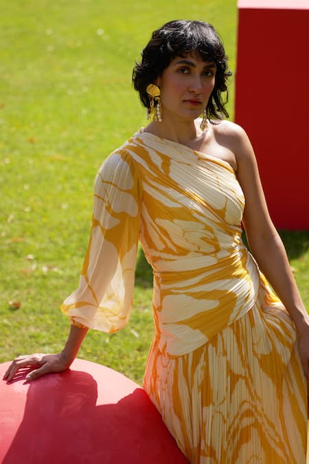 Zwaan_Yellow Silk, Shantoon Asymmetric Celine Dress _Online_at_Aza_Fashions