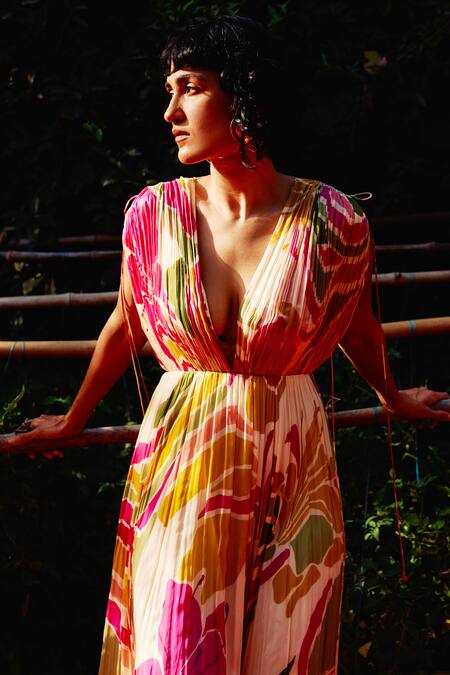 Buy_Zwaan_Beige Silk, Shantoon V-neck Printed Tabby Paula Dress _Online_at_Aza_Fashions