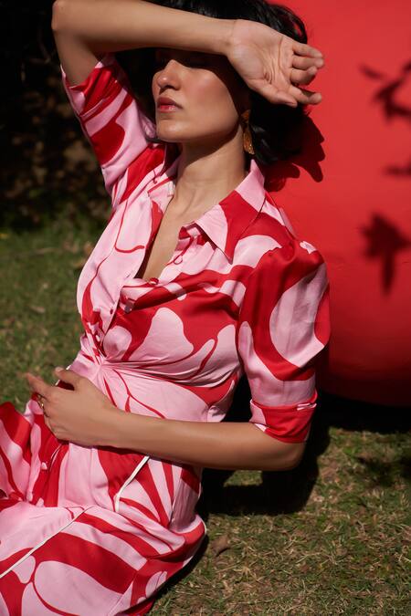 Zwaan_Red Linen, Satin Collared And Pink Print Dress _Online_at_Aza_Fashions