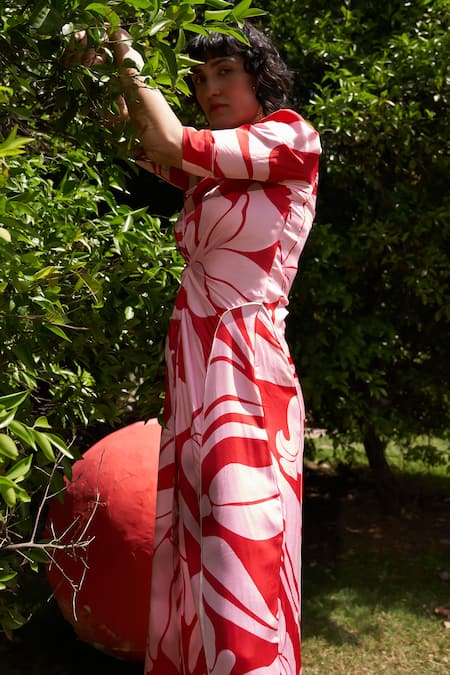 Buy_Zwaan_Red Linen, Satin Collared And Pink Print Dress _Online_at_Aza_Fashions