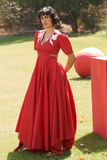 Zwaan_Red Cotton Satin Embroidery V-neck Margo Dress _Online_at_Aza_Fashions