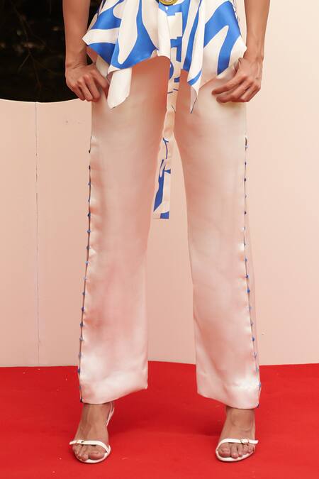 Zwaan_Blue Linen, Satin V-neck And White Print Top & Pant Set _Online_at_Aza_Fashions