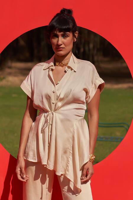 Zwaan_Ivory Linen, Satin Embroidery Collared Stella Shirt And Pant Set _Online_at_Aza_Fashions