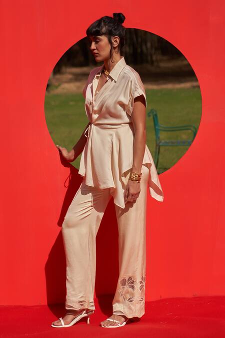 Shop_Zwaan_Ivory Linen, Satin Embroidery Collared Stella Shirt And Pant Set _Online_at_Aza_Fashions