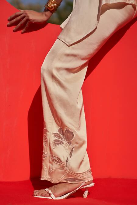 Zwaan_Ivory Linen, Satin Embroidery Collared Stella Shirt And Pant Set _at_Aza_Fashions