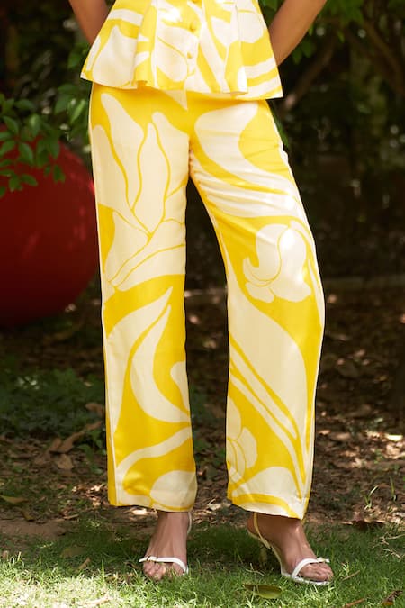 Zwaan_Yellow Linen, Satin V-neck Floral Peplum Top And Straight Pant Set _at_Aza_Fashions