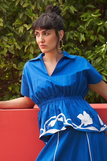 Buy_Zwaan_Blue Cotton Satin Embroidery Collared Faye Top And Skirt Set _Online_at_Aza_Fashions