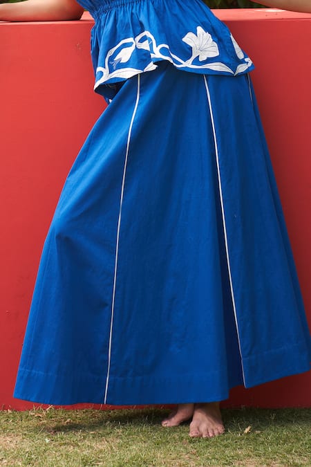 Shop_Zwaan_Blue Cotton Satin Embroidery Collared Faye Top And Skirt Set _Online_at_Aza_Fashions