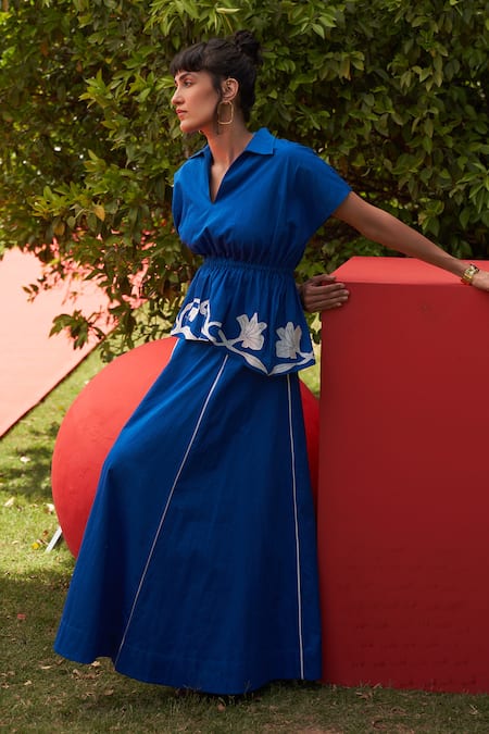 Zwaan_Blue Cotton Satin Embroidery Collared Faye Top And Skirt Set _at_Aza_Fashions