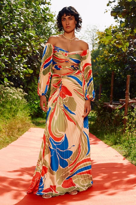 Zwaan Multi Color Satin Off-shoulder Sandra Skirt Set