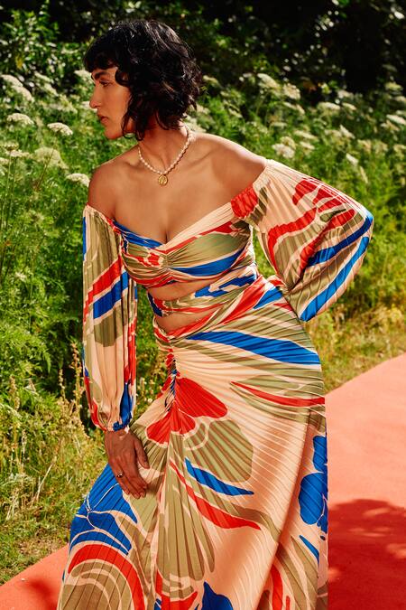 Buy_Zwaan_Multi Color Satin Off-shoulder Sandra Skirt Set _Online_at_Aza_Fashions