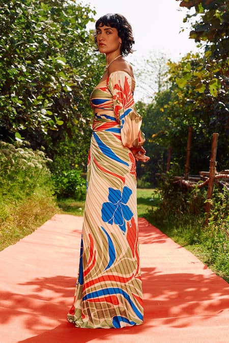 Shop_Zwaan_Multi Color Satin Off-shoulder Sandra Skirt Set _Online_at_Aza_Fashions