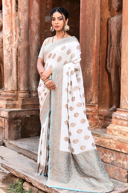 Naaritva India Sky Blue Crepe, Silk, Handwoven Zari Work Banarasi Saree With Running Blouse 