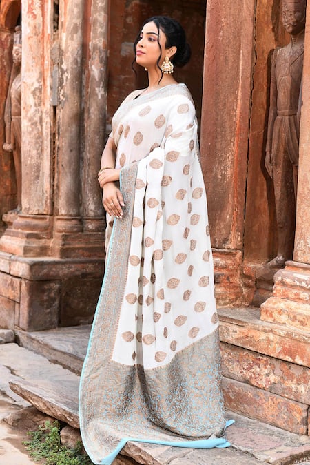 Buy_Naaritva India_Sky Blue Crepe, Silk, Handwoven Zari Work Banarasi Saree With Running Blouse 