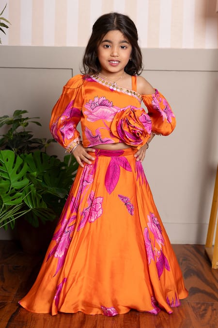 Kirti Agarwal - Pret N Couture Orange Organza, Satin Fabric Flowers Designer Vibrant Lehenga Set 