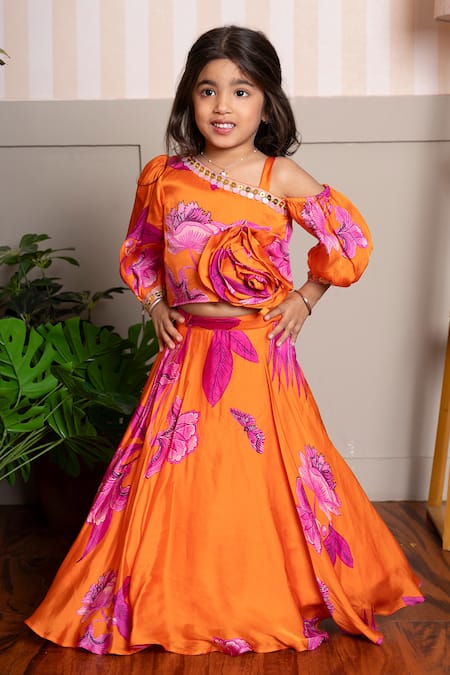 Buy Kirti Agarwal - Pret N Couture Orange Organza, Satin Fabric Flowers Designer Vibrant Lehenga Set Online at Aza Fashions Buy_Kirti Agarwal - Pret N Couture_Orange Organza, Satin Fabric Flowers Designer Vibrant Lehenga Set _Online_at_Aza_Fashions