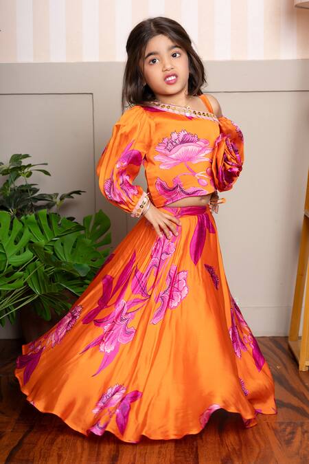 Shop Kirti Agarwal - Pret N Couture Orange Organza, Satin Fabric Flowers Designer Vibrant Lehenga Set Online at Aza Fashions Shop_Kirti Agarwal - Pret N Couture_Orange Organza, Satin Fabric Flowers Designer Vibrant Lehenga Set _Online_at_Aza_Fashions