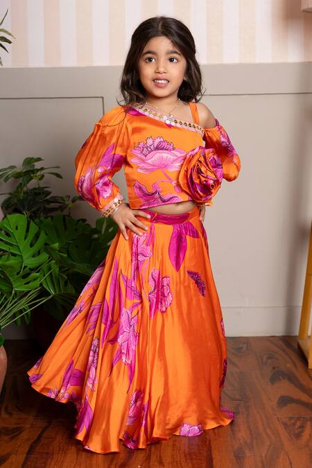 Buy Kirti Agarwal - Pret N Couture Orange Organza, Satin Fabric Flowers Designer Vibrant Lehenga Set Buy_Kirti Agarwal - Pret N Couture_Orange Organza, Satin Fabric Flowers Designer Vibrant Lehenga Set
