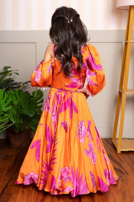 Shop Kirti Agarwal - Pret N Couture Orange Organza, Satin Fabric Flowers Designer Vibrant Lehenga Set at Aza Fashions Shop_Kirti Agarwal - Pret N Couture_Orange Organza, Satin Fabric Flowers Designer Vibrant Lehenga Set _at_Aza_Fashions