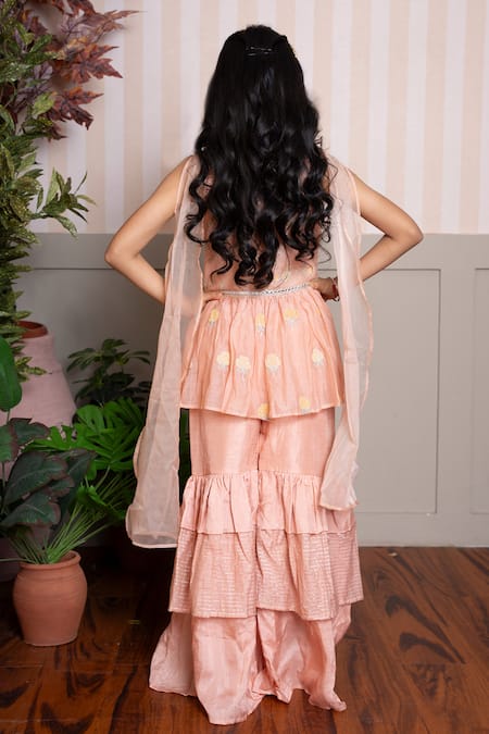Shop Kirti Agarwal - Pret N Couture Peach Chanderi, Organza Embroidery Peplum Kurta Sharara Set at Aza Fashions Shop_Kirti Agarwal - Pret N Couture_Peach Chanderi, Organza Embroidery Peplum Kurta Sharara Set _at_Aza_Fashions