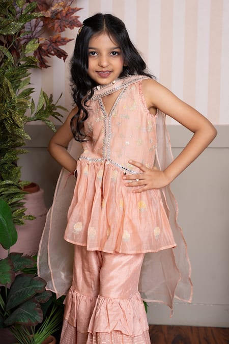 Kirti Agarwal - Pret N Couture Peach Chanderi, Organza Embroidery Peplum Kurta Sharara Set Online at Aza Fashions Kirti Agarwal - Pret N Couture_Peach Chanderi, Organza Embroidery Peplum Kurta Sharara Set _Online_at_Aza_Fashions