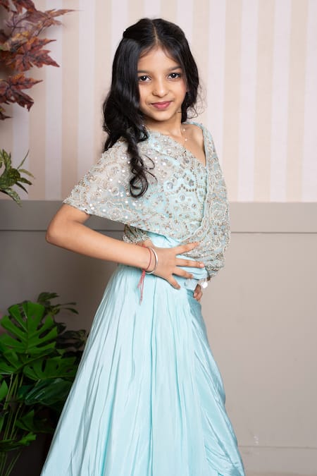 Kirti Agarwal - Pret N Couture Aqua Crepe, Organza Sequins, Embroidery, Sea Green Designer Top And Lehenga Set Online at Aza Fashions Kirti Agarwal - Pret N Couture_Aqua Crepe, Organza Sequins, Embroidery, Sea Green Designer Top And Lehenga Set _Online_at_Aza_Fashions