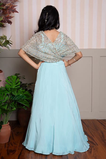 Shop Kirti Agarwal - Pret N Couture Aqua Crepe, Organza Sequins, Embroidery, Sea Green Designer Top And Lehenga Set at Aza Fashions Shop_Kirti Agarwal - Pret N Couture_Aqua Crepe, Organza Sequins, Embroidery, Sea Green Designer Top And Lehenga Set _at_Aza_Fashions
