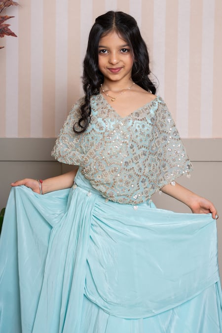 Shop Kirti Agarwal - Pret N Couture Aqua Crepe, Organza Sequins, Embroidery, Sea Green Designer Top And Lehenga Set Online at Aza Fashions Shop_Kirti Agarwal - Pret N Couture_Aqua Crepe, Organza Sequins, Embroidery, Sea Green Designer Top And Lehenga Set _Online_at_Aza_Fashions