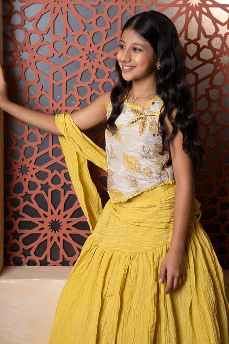 Shop_Kirti Agarwal - Pret N Couture_Yellow Tissue, Silk Embroidery Crush Lehenga Set _Online_at_Aza_Fashions