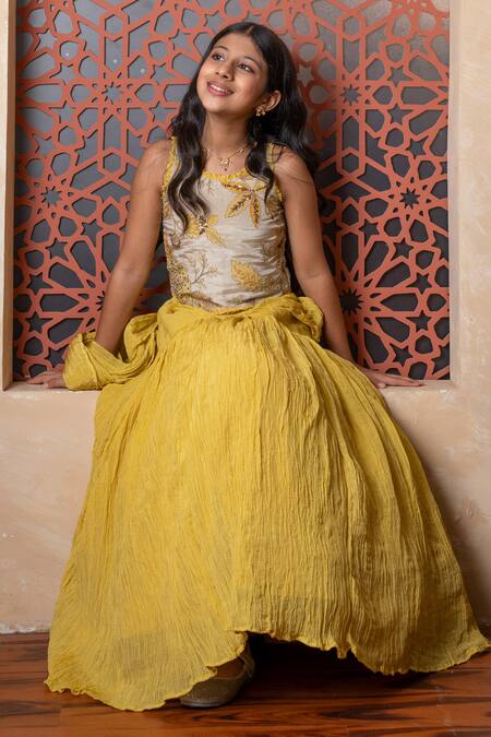 Kirti Agarwal - Pret N Couture_Yellow Tissue, Silk Embroidery Crush Lehenga Set _at_Aza_Fashions