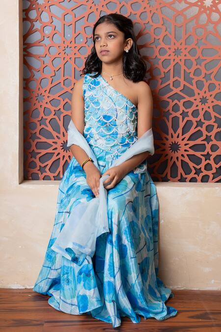 Shop Kirti Agarwal - Pret N Couture Blue Chinon, Crepe Beads, Sequins Ocean Printed Lehenga Set Online at Aza Fashions Shop_Kirti Agarwal - Pret N Couture_Blue Chinon, Crepe Beads, Sequins Ocean Printed Lehenga Set _Online_at_Aza_Fashions