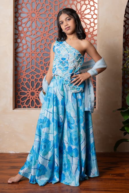 Kirti Agarwal - Pret N Couture Blue Chinon, Crepe Beads, Sequins Ocean Printed Lehenga Set 