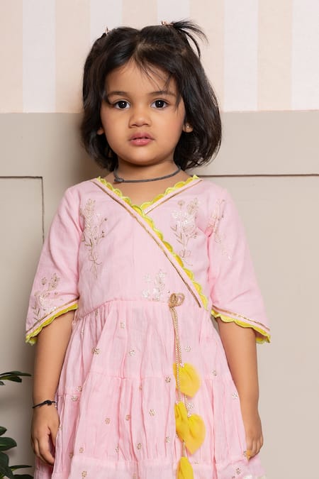 Kirti Agarwal - Pret N Couture_Pink Chanderi Cotton Embroidery Angrakha Kurta Set _Online_at_Aza_Fashions