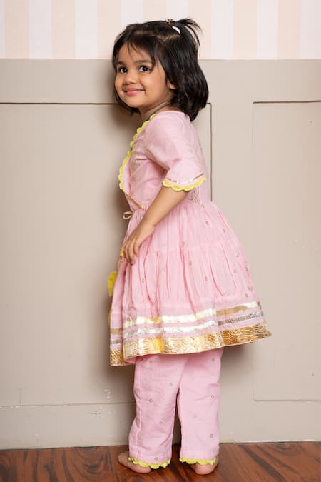 Shop_Kirti Agarwal - Pret N Couture_Pink Chanderi Cotton Embroidery Angrakha Kurta Set _at_Aza_Fashions