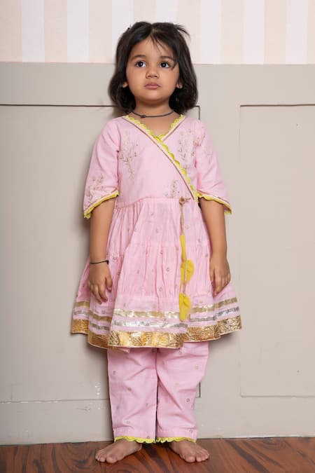 Kirti Agarwal - Pret N Couture Pink Chanderi Cotton Embroidery Angrakha Kurta Set