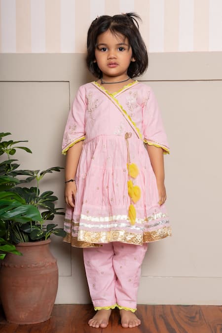 Buy_Kirti Agarwal - Pret N Couture_Pink Chanderi Cotton Embroidery Angrakha Kurta Set _Online_at_Aza_Fashions