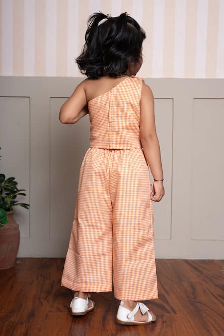 Shop_Kirti Agarwal - Pret N Couture_Orange Cotton Fabric Flowers, Beads, Gingham Print Top And Wide Legged Pant Set _at_Aza_Fashions