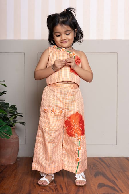 Kirti Agarwal - Pret N Couture Orange Cotton Fabric Flowers, Beads, Gingham Print Top And Wide Legged Pant Set