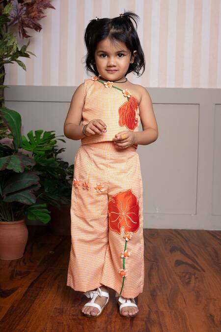 Kirti Agarwal - Pret N Couture_Orange Cotton Fabric Flowers, Beads, Gingham Print Top And Wide Legged Pant Set _Online_at_Aza_Fashions