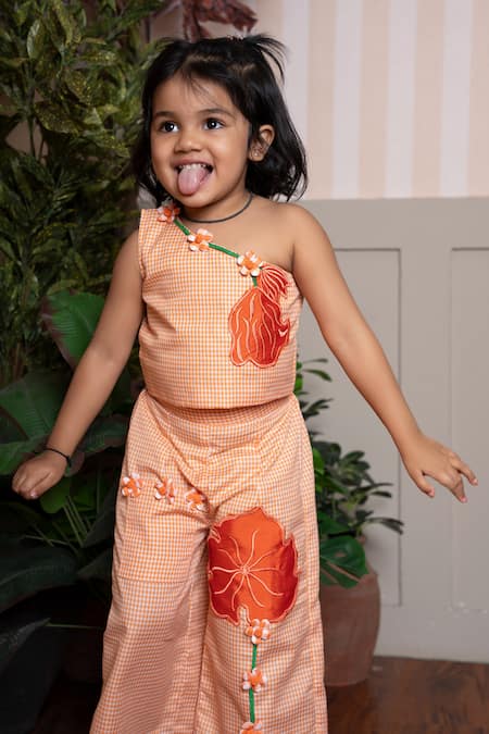 Buy_Kirti Agarwal - Pret N Couture_Orange Cotton Fabric Flowers, Beads, Gingham Print Top And Wide Legged Pant Set _Online_at_Aza_Fashions